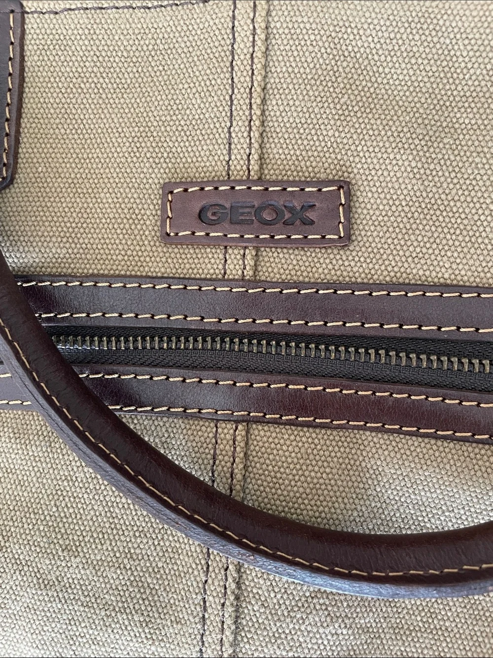 Geox Tan Canvas and Brown Leather Laptop Messenger Bag